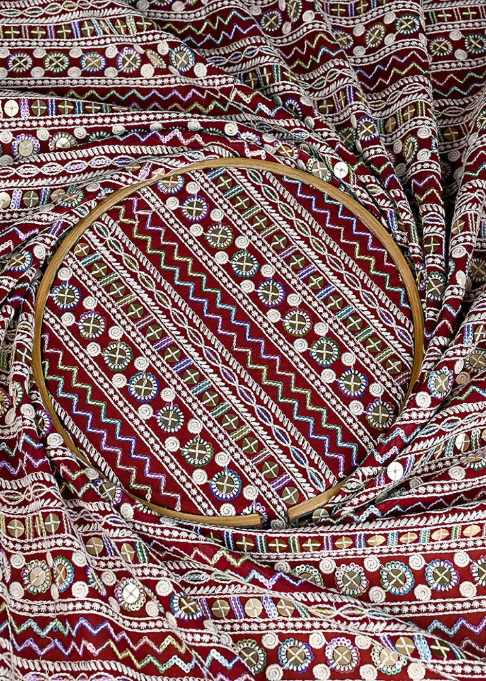 (Pre-Cut 2.5 MTR) Maroon Georgette Fabric With All Over Thread And Sequins Work 26362