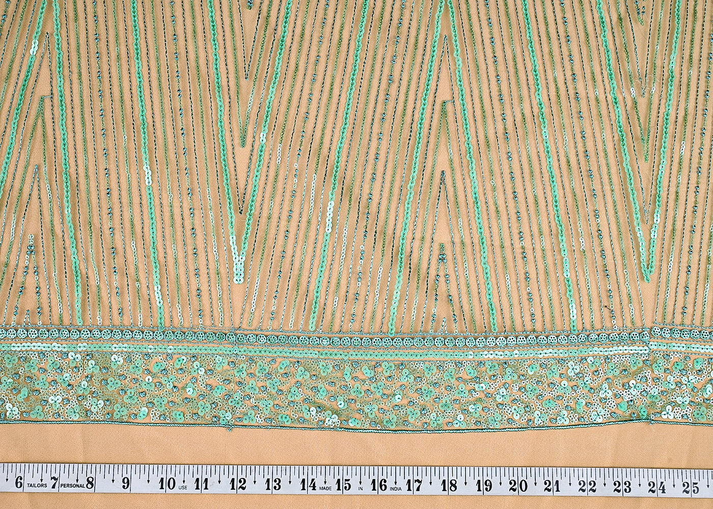 (Pre-Cut 1.8 MTR) Mint Green Net Fabric With All Over Thread And Sequins Work With One Side Border 26364