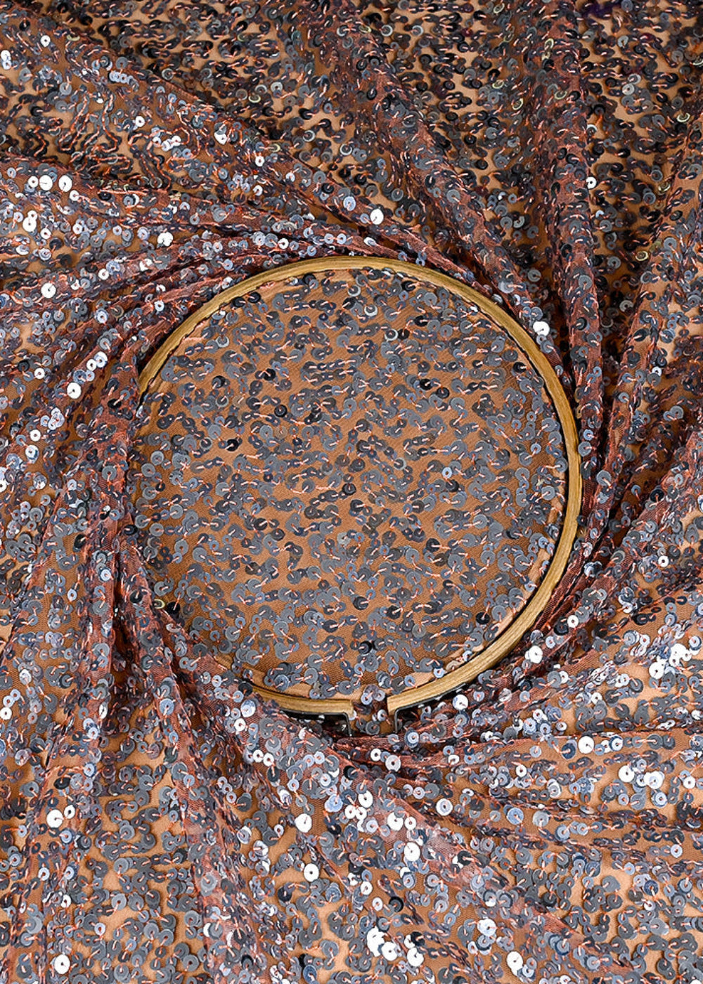 (Pre-Cut 2.5 MTR) Peach Net Fabric With All Over Sequins Work 26365