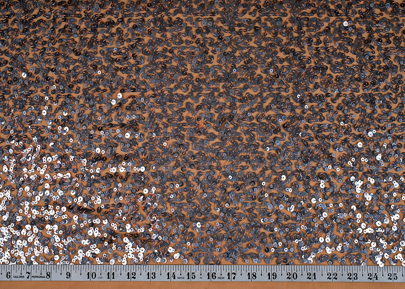 (Pre-Cut 2.5 MTR) Peach Net Fabric With All Over Sequins Work 26365