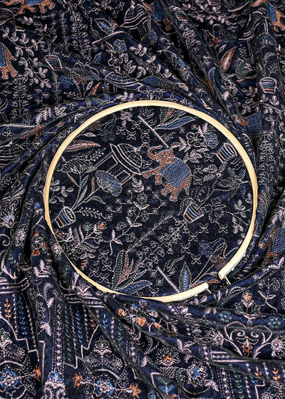 (Pre-Cut 0.85 MTR) Navy Blue Velvet Fabric With All Over Thread And Sequins Work 26369