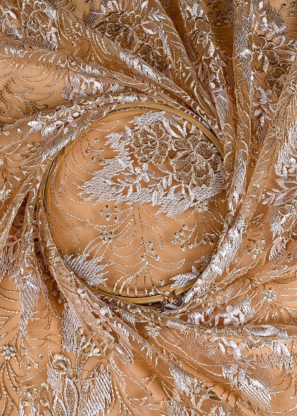 (Pre-Cut 2.25 MTR) Light Golden Net Fabric With All Over Thread And Sequins Work 26372