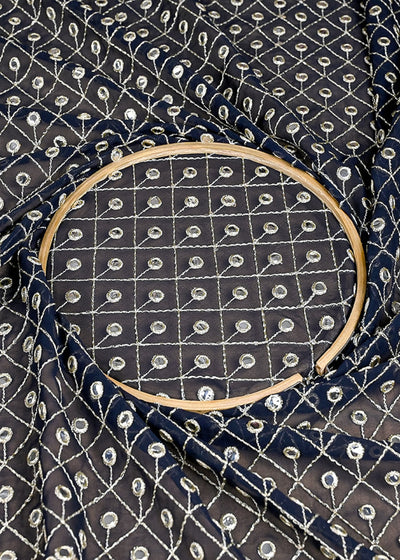 (Pre-Cut 2.5 MTR) Navy Blue Georgette Fabric With All Over Zari And Faux Mirror 26379