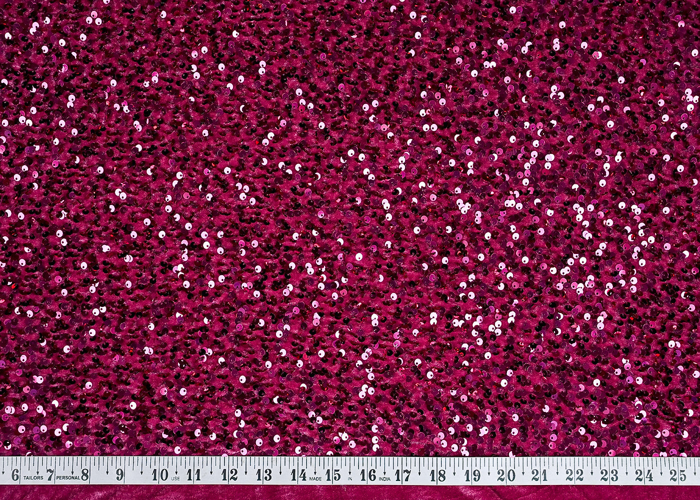 (Pre-Cut 2.8 MTR) Dark Pink Velvet Fabric With All Over Sequins Work 26380