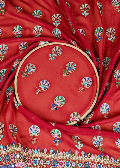 (Pre-Cut 2 MTR) Dark Red Georgette Fabric With All Over Thread And Faux Mirror Work With One Side Border 26382