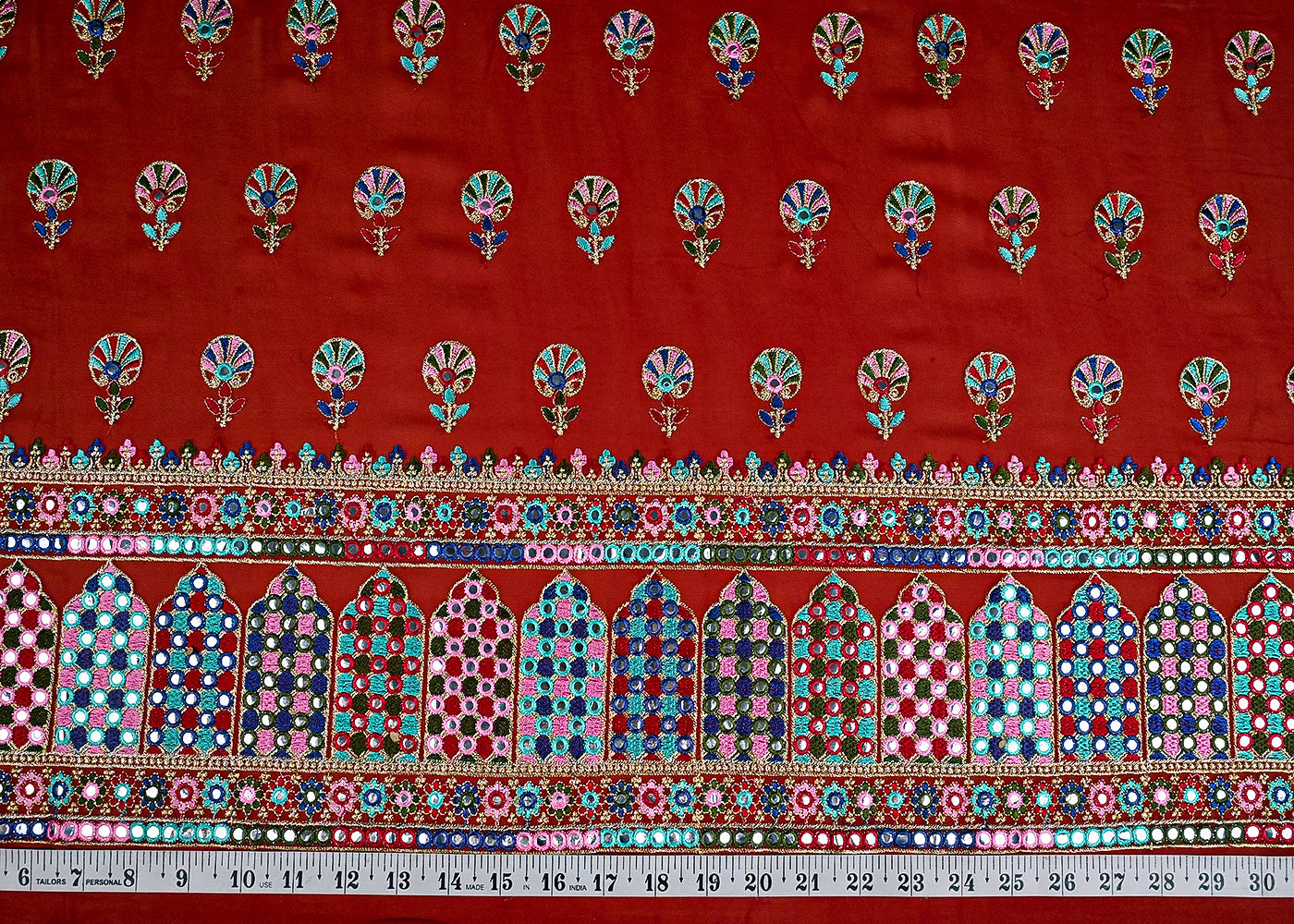 (Pre-Cut 2 MTR) Dark Red Georgette Fabric With All Over Thread And Faux Mirror Work With One Side Border 26382