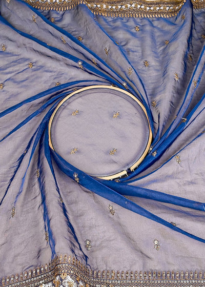 (Pre-Cut 2 MTR) Royal Blue Net Fabric With All Over Zari And Sequins Work And Two Side Boder 26387