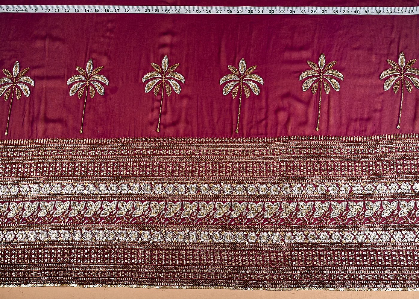 (Pre-Cut 2.1 MTR) Mauve Georgette Fabric With All Over Sequins And Zari With One Side Border 26392