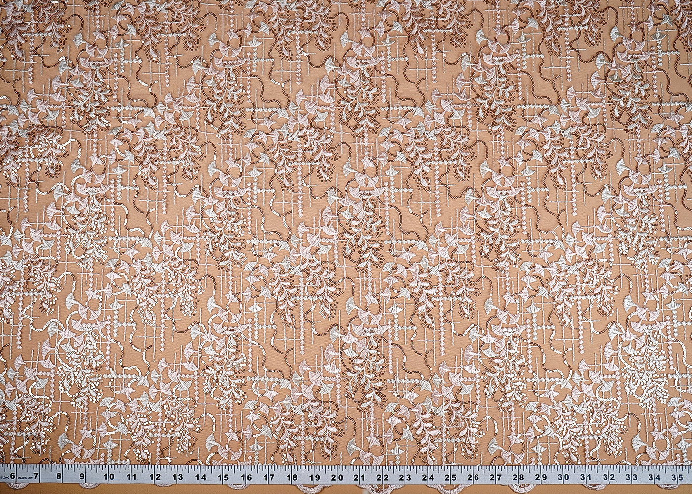(Pre-Cut 1.8 MTR) Beige Net Fabric With All Over Thread And Sequins Work 26395