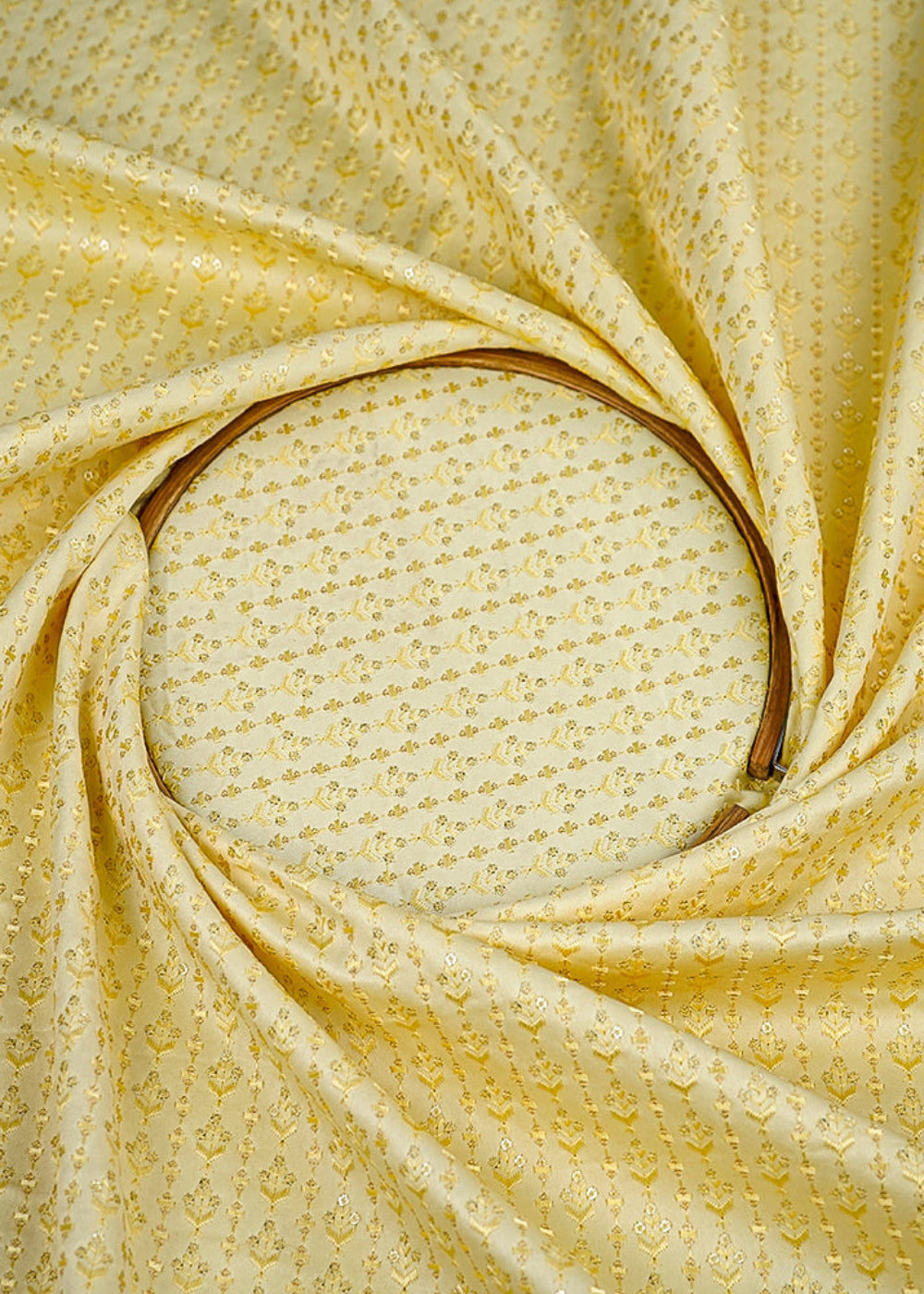 (Pre-Cut 2.1 MTR) Yellow Satin Fabric With All Over Thread And Sequins Work 26396
