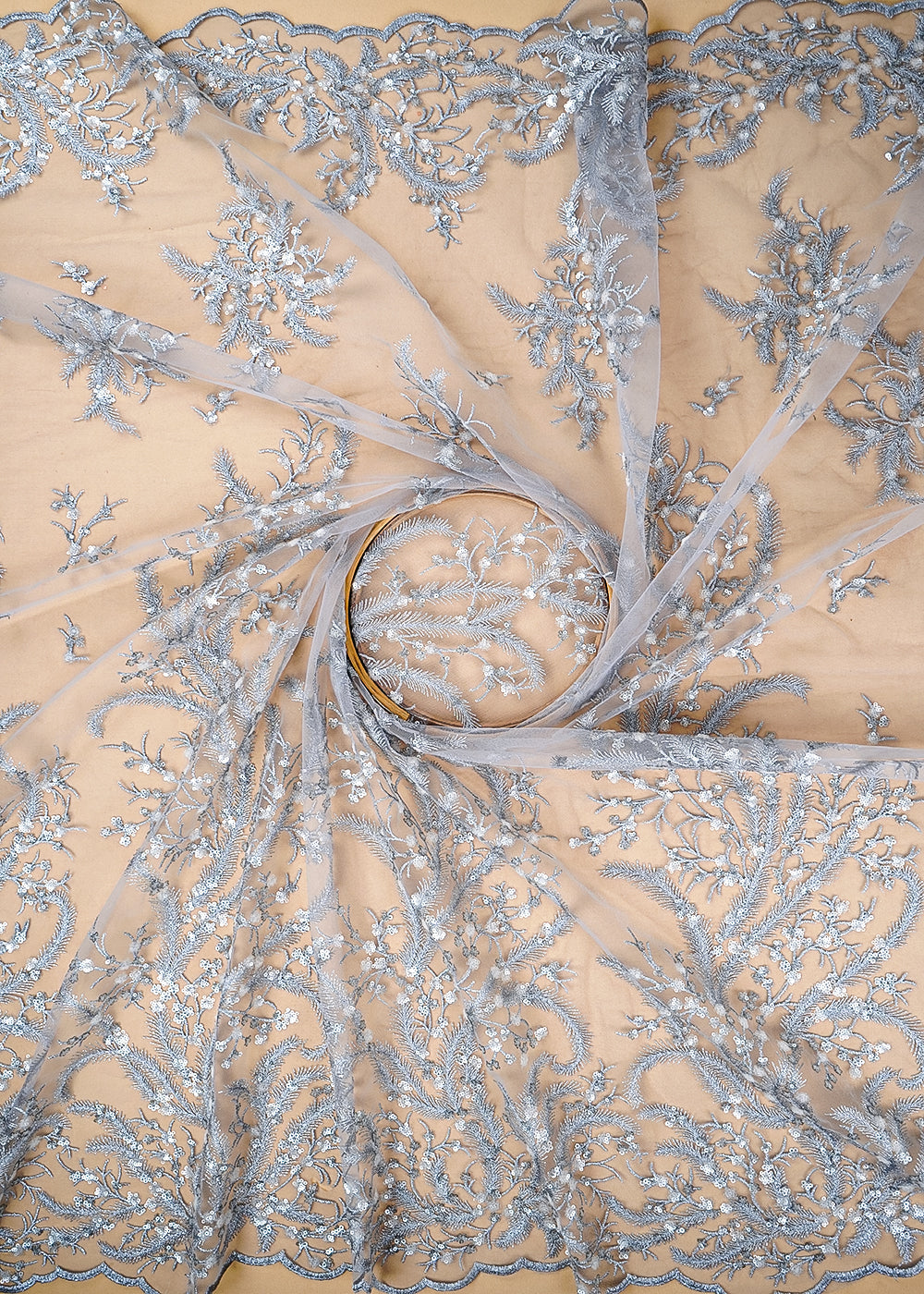 (Pre-Cut 1.75 MTR) Grey Net Fabric With All Over Zari And Sequins 26399