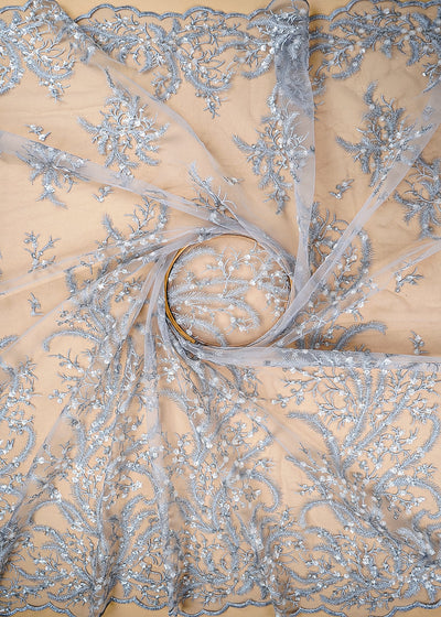 (Pre-Cut 1.75 MTR) Grey Net Fabric With All Over Zari And Sequins 26399