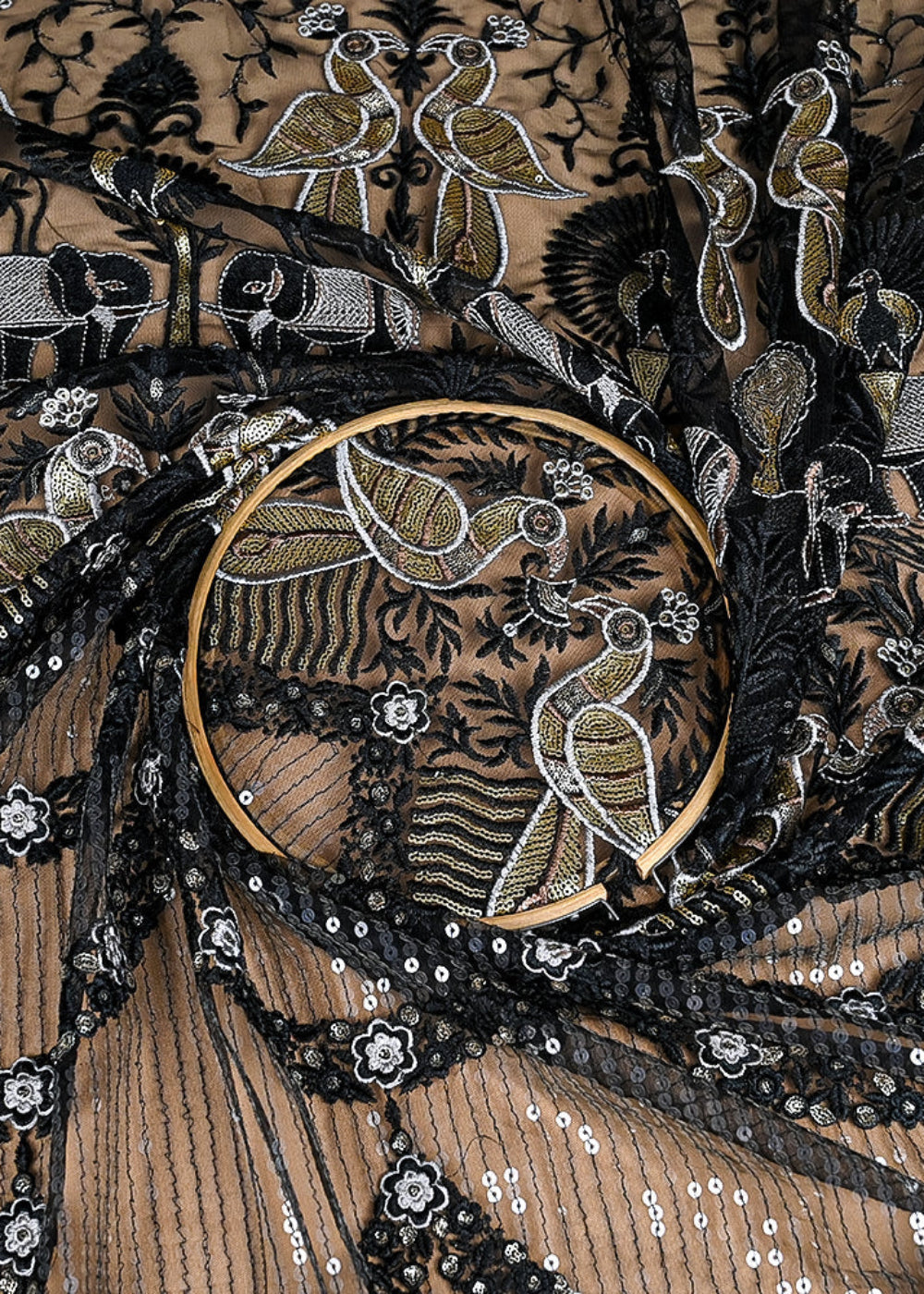 (Pre-Cut 2 MTR) Black Net Fabric With All Over Thread And Sequins Work 26406