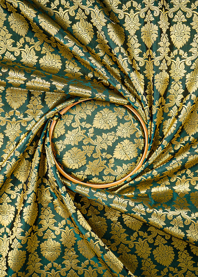 Dark Green Banarasi Brocade Fabric With All Over Golden Zari Handloom 26412
