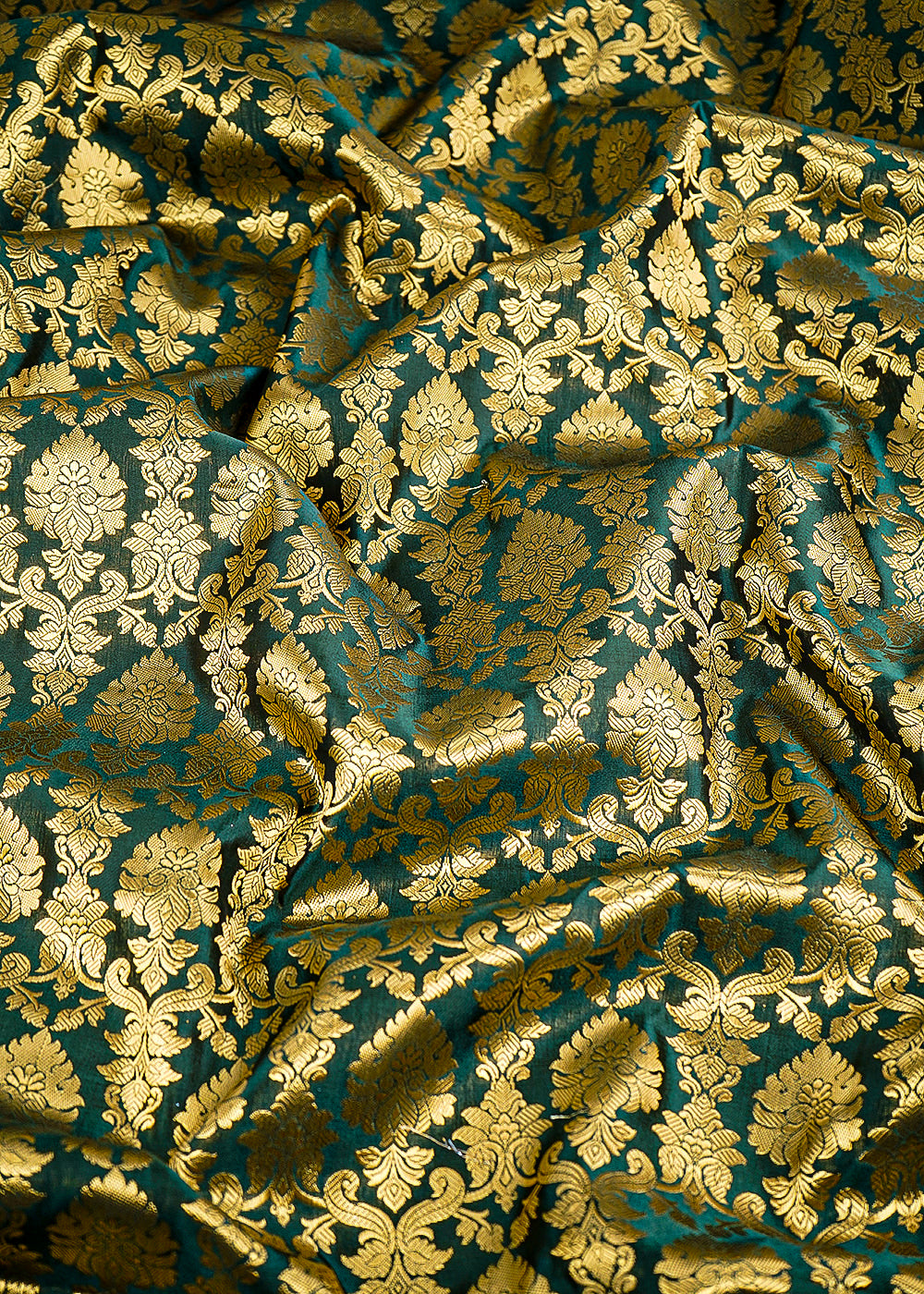 Dark Green Banarasi Brocade Fabric With All Over Golden Zari Handloom 26412