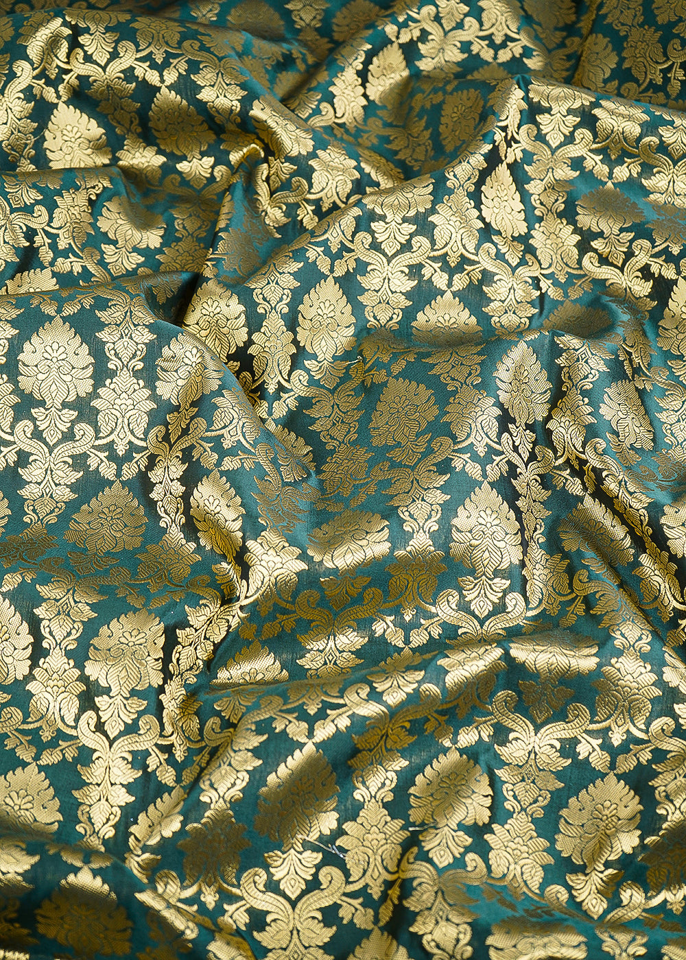 Dark Green Banarasi Brocade Fabric With All Over Golden Zari Handloom 26412