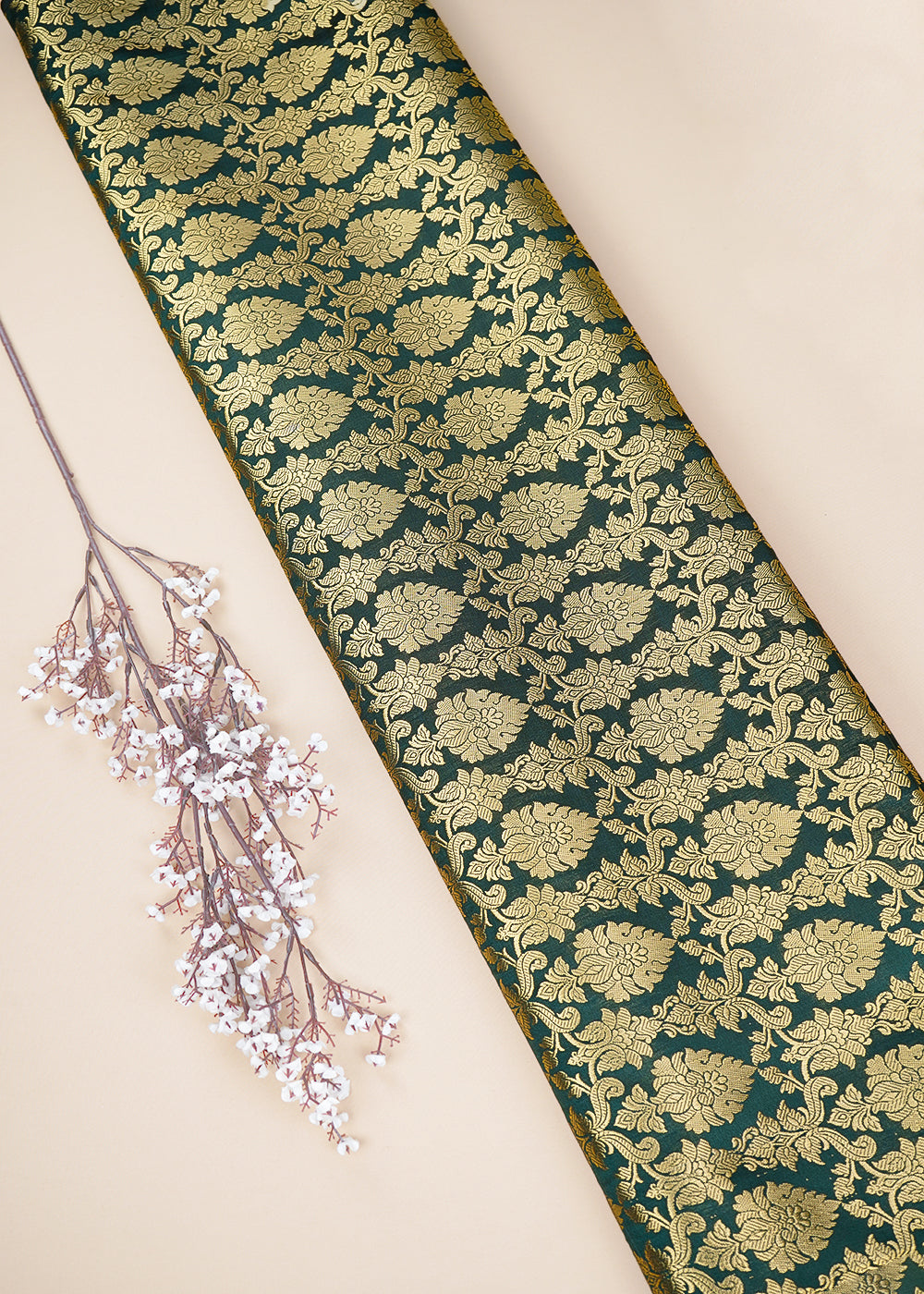Dark Green Banarasi Brocade Fabric With All Over Golden Zari Handloom 26412