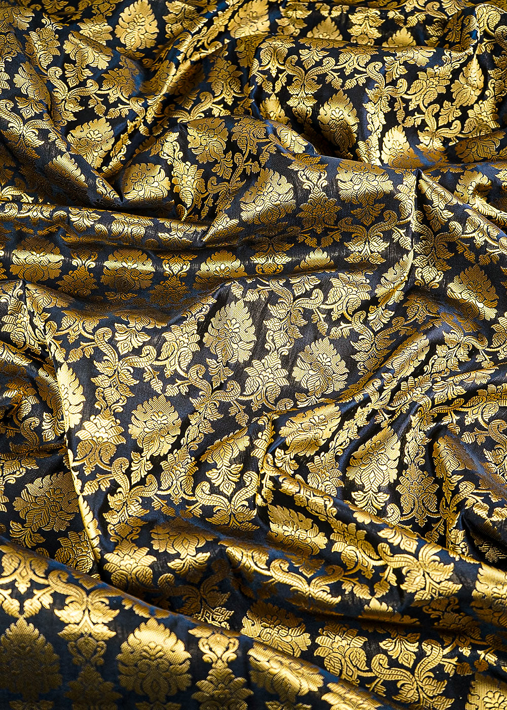 Black Banarasi Brocade Fabric With All Over Golden Zari Handloom 26414