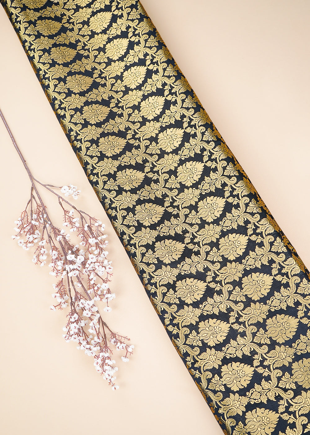 Black Banarasi Brocade Fabric With All Over Golden Zari Handloom 26414