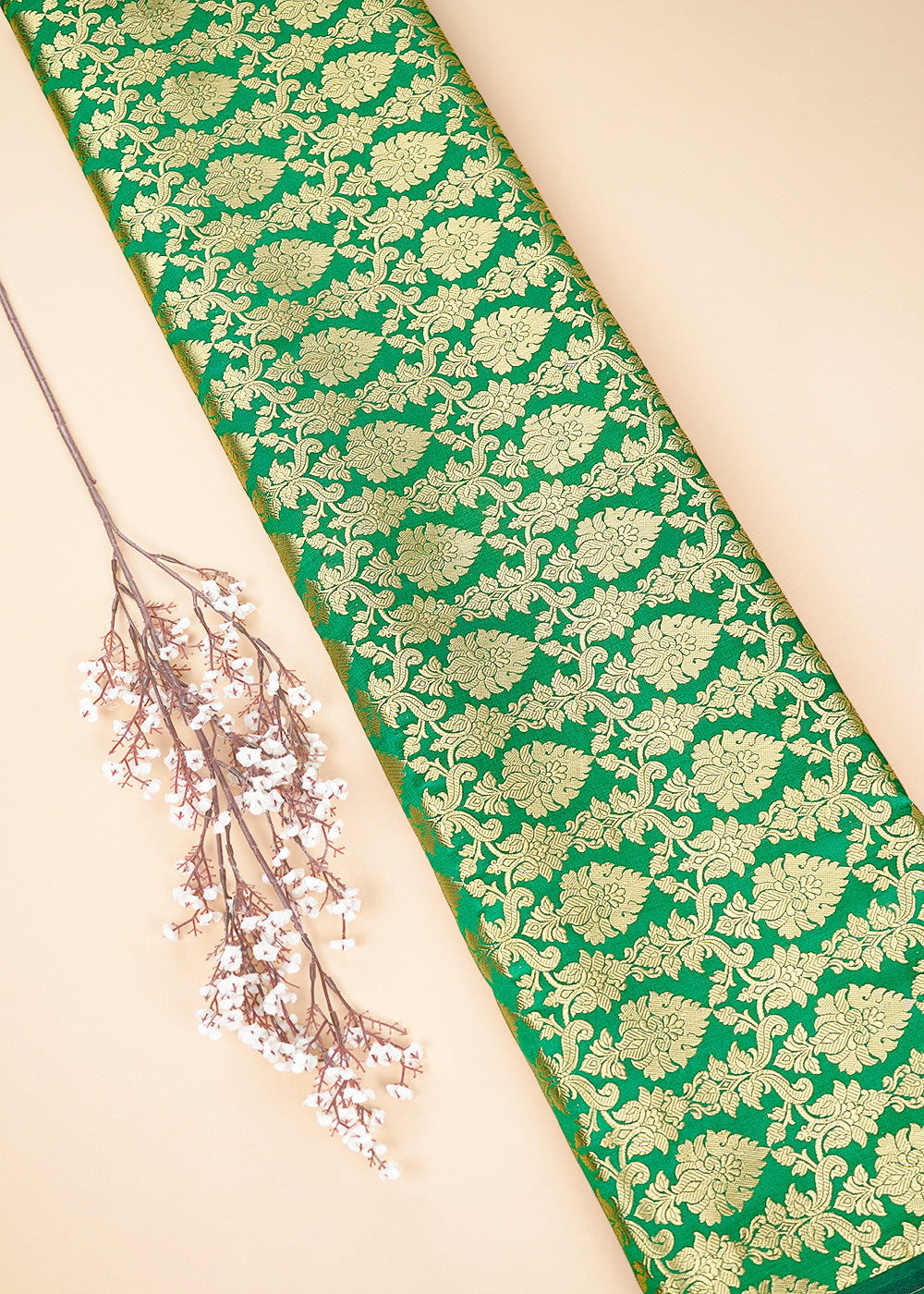Bottle Green Banarasi Brocade Fabric With All Over Golden Zari Handloom 26415