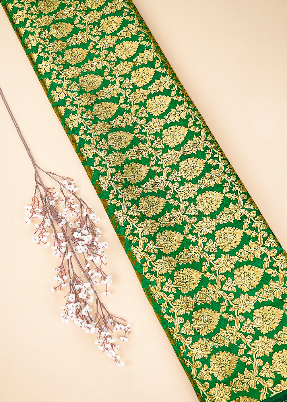 Green Banarasi Brocade Fabric With All Over Golden Zari Handloom 26415