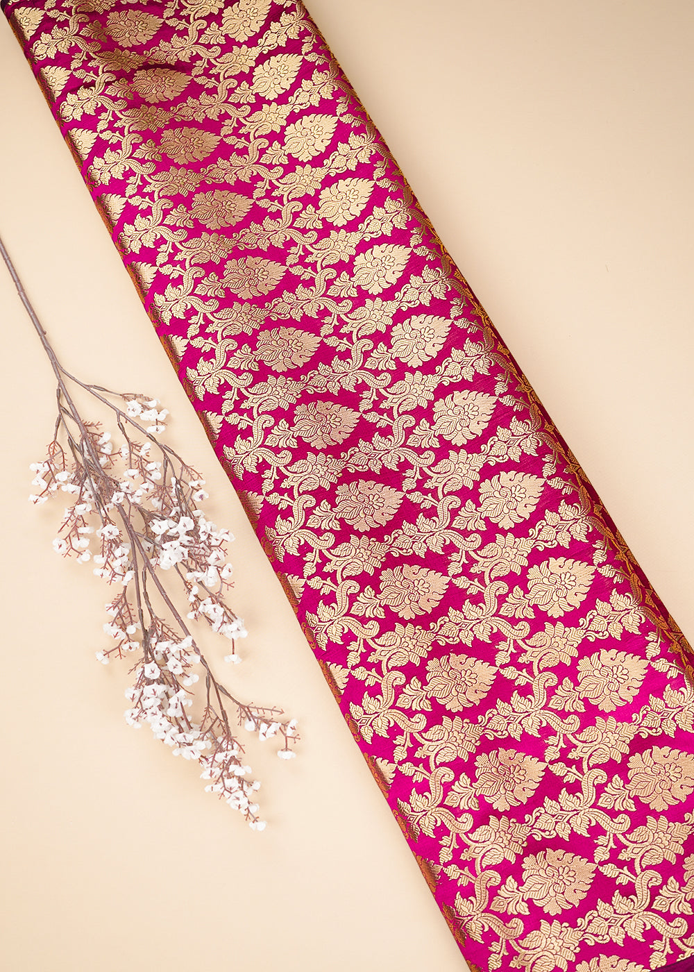 Dark Pink Banarasi Brocade Fabric With All Over Golden Zari Handloom 26416