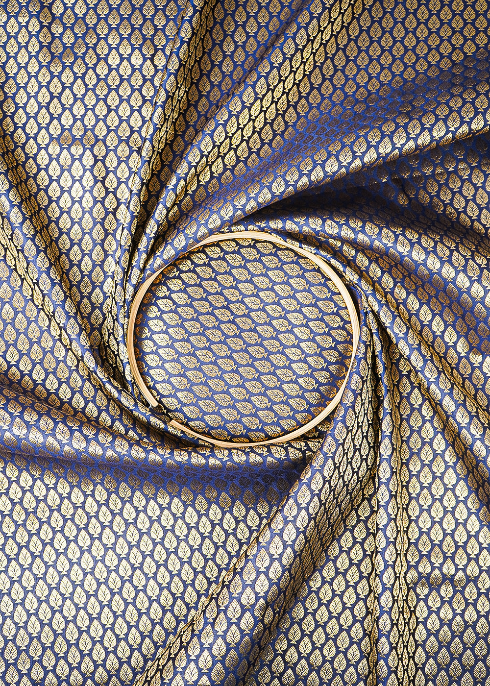 Navy Blue Banarasi Brocade Fabric With All Over Golden Zari Handloom 26417