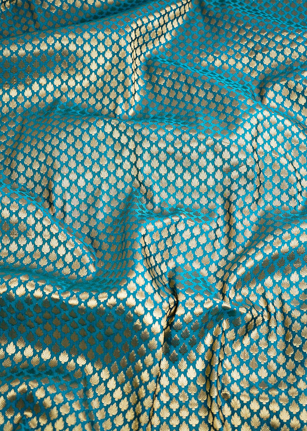 Teal Blue Banarasi Brocade Fabric With All Over Golden Zari Handloom 26419