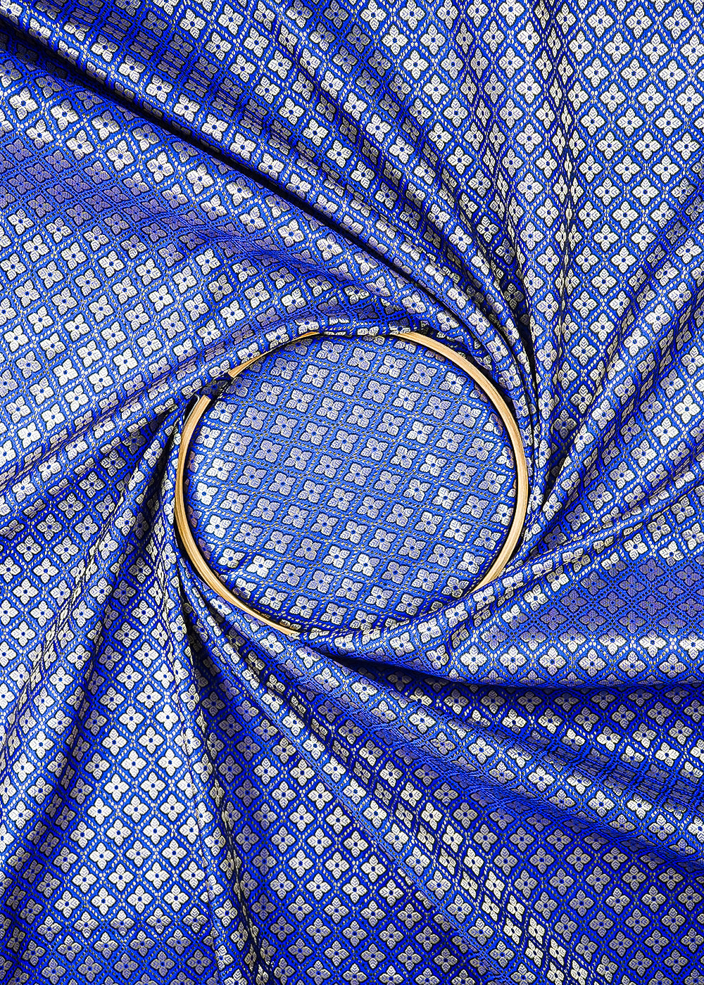 Royal Blue Banarasi Brocade Fabric With All Over Golden Zari Handloom 26422