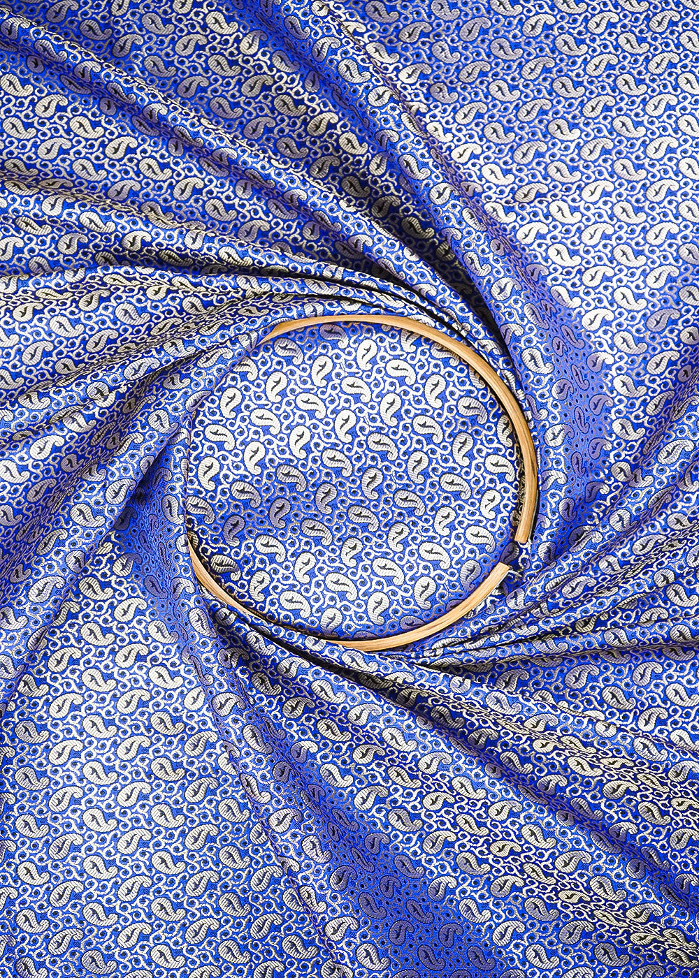 Royal Blue Banarasi Brocade Fabric With All Over Golden Zari Handloom 26423