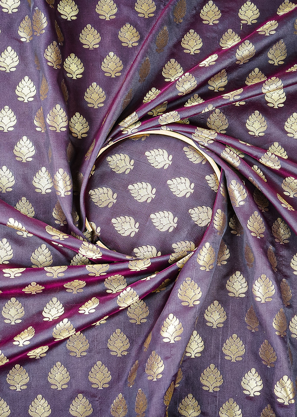 Wine Banarasi Brocade Fabric With All Over Golden Zari Handloom 26428