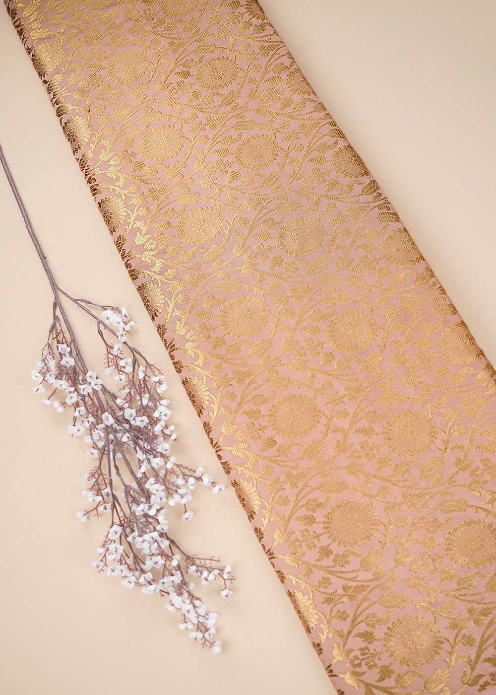 Peach Banarasi Brocade Fabric With All Over Golden Zari Handloom 26430