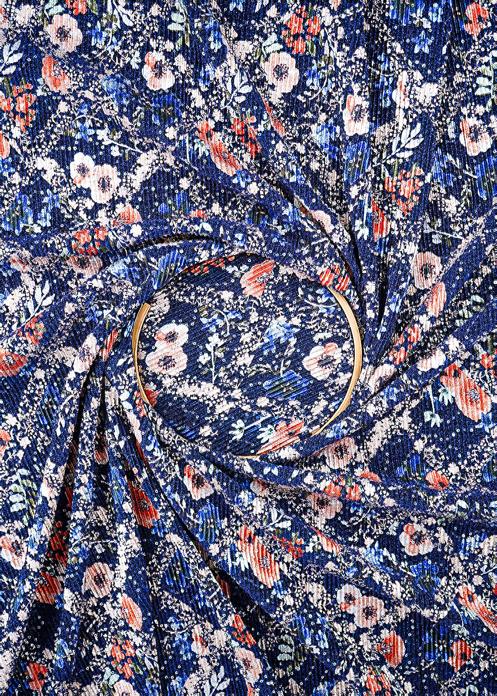 Navy Blue Moonlight Fabric With All Over Floral Print And Sequins Work 26436