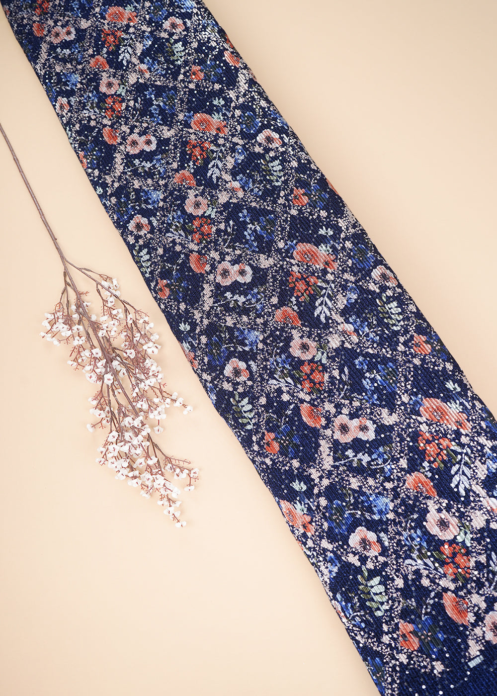 Navy Blue Moonlight Fabric With All Over Floral Print And Sequins Work 26436