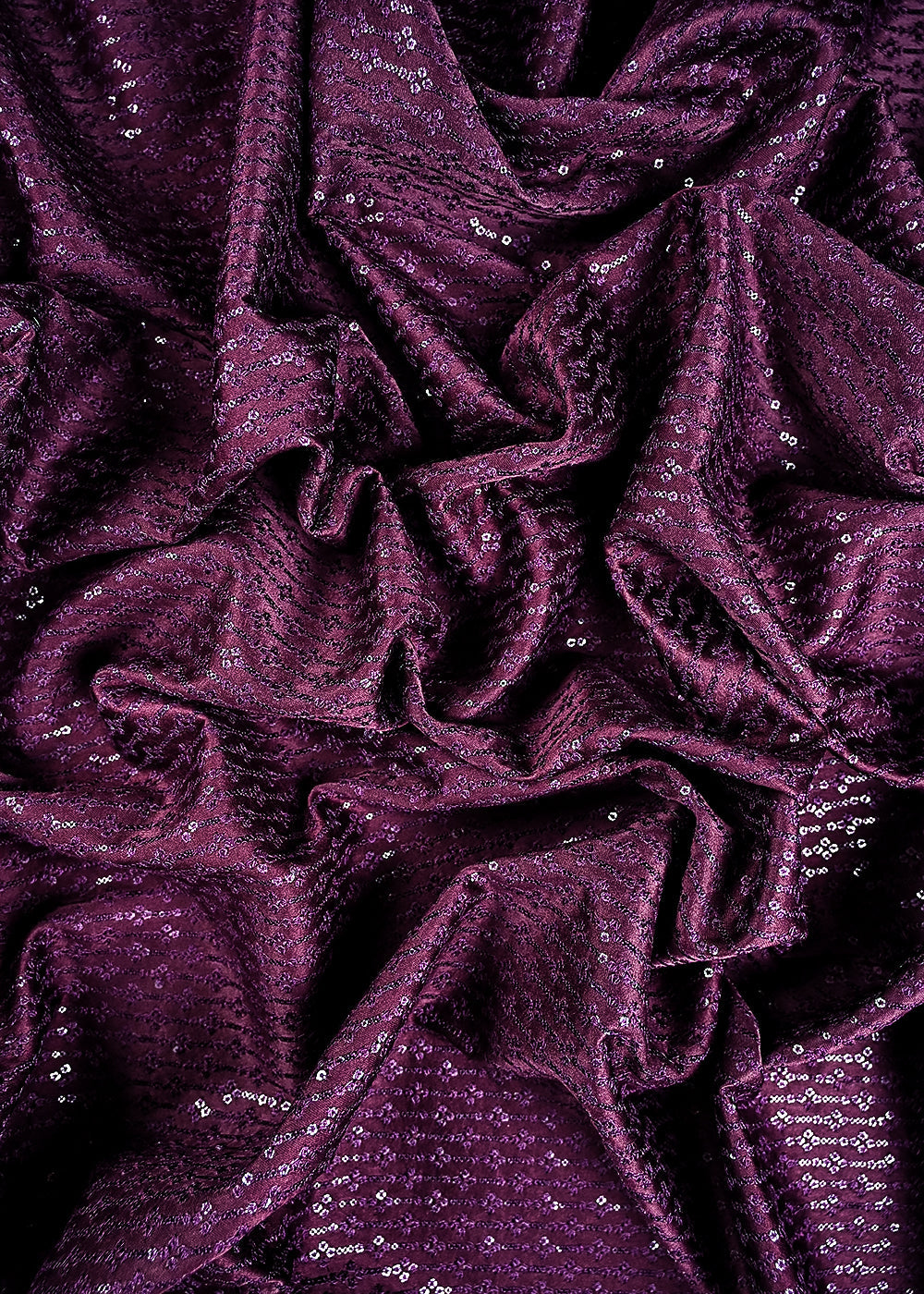 Wine Satin Fabric With All Over Thread And Sequins Work 26445