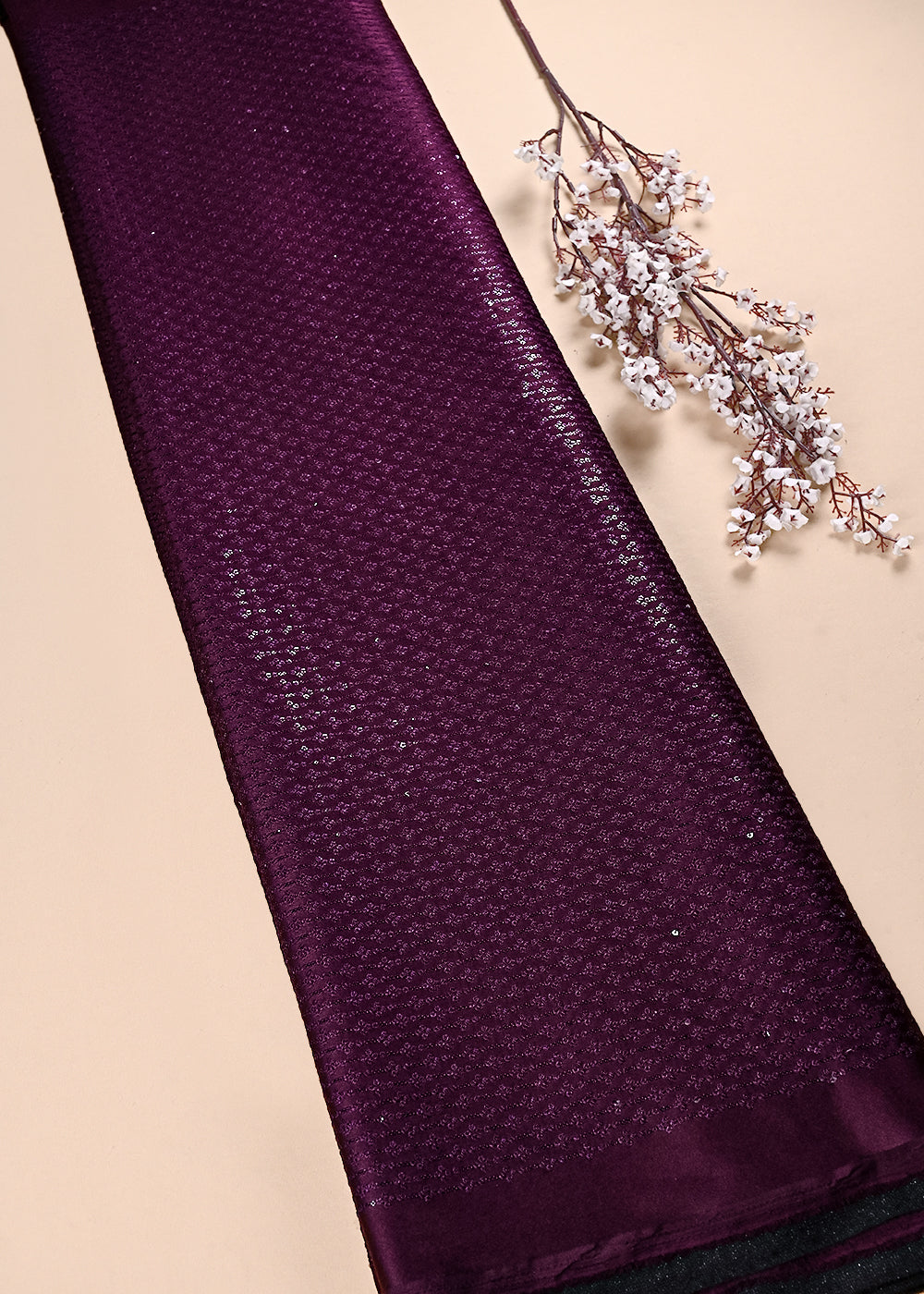 Wine Satin Fabric With All Over Thread And Sequins Work 26445