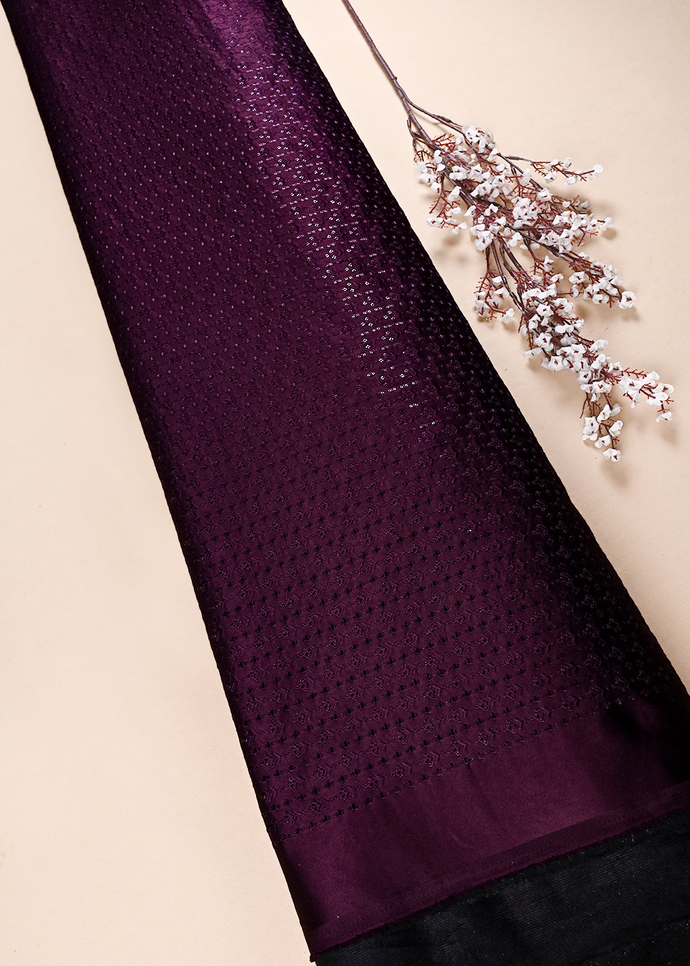 Wine Satin Fabric With All Over Thread And Sequins Work 26446