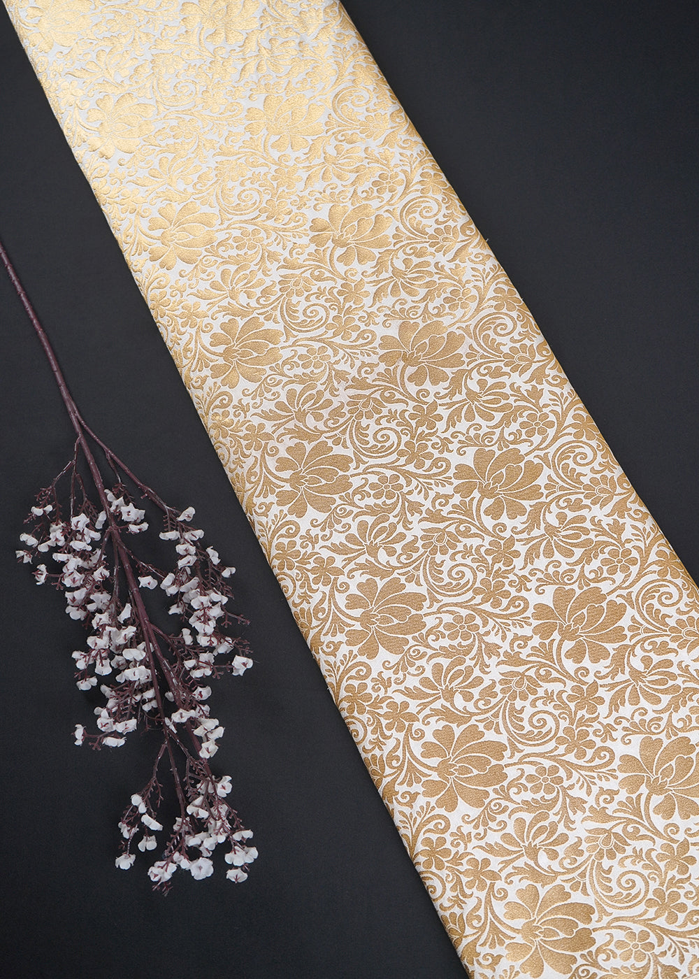 White Dyeable Silk Fabric With All Over Golden Zari Handloom 26452