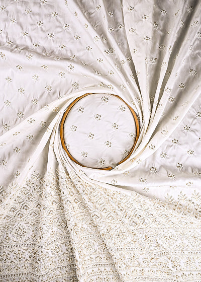 White Dupion Silk Fabric With All Over Sequins And Katdana Work With Border 26456