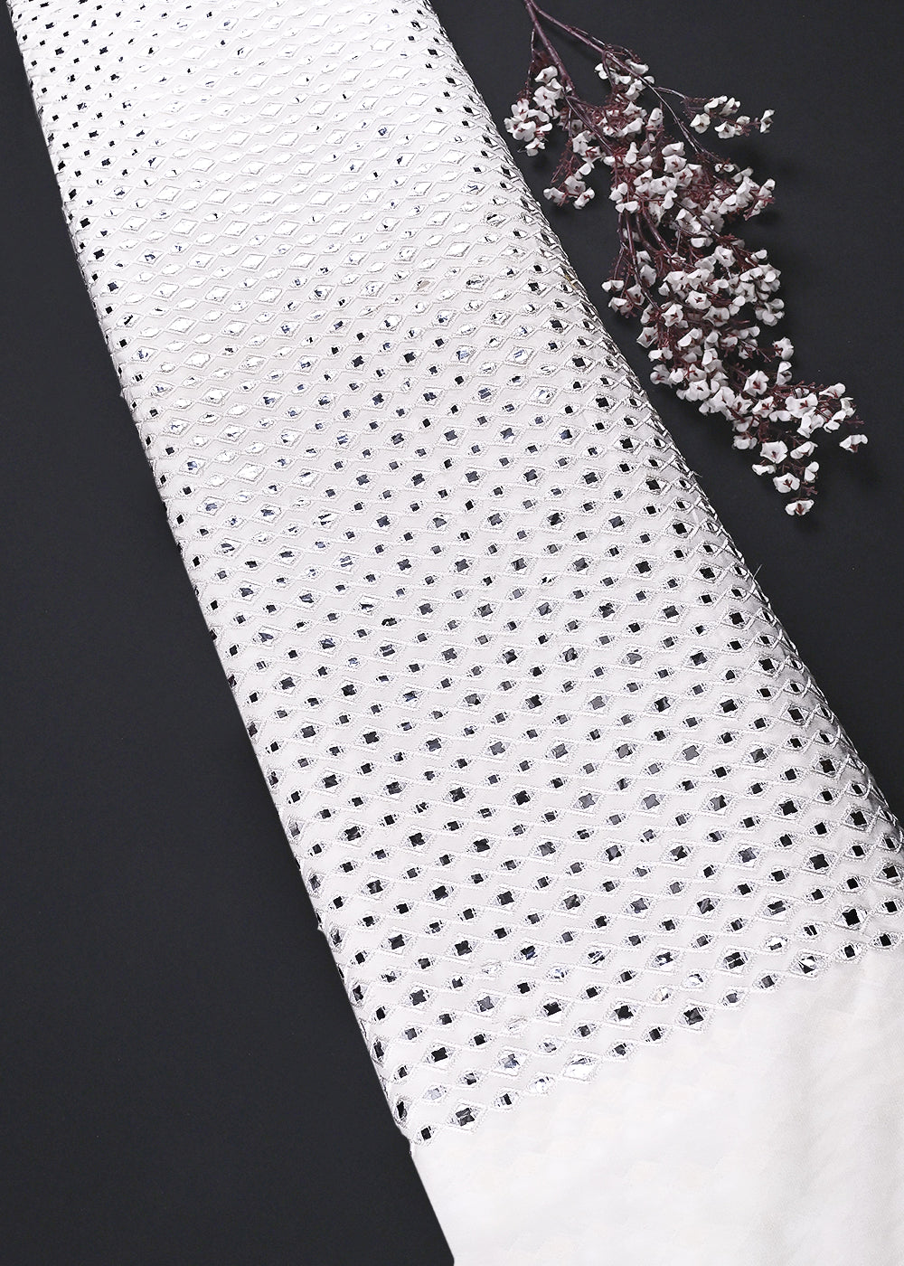 White Dyeable Georgette Fabric With All Over Faux Mirror And Thread Work 26458