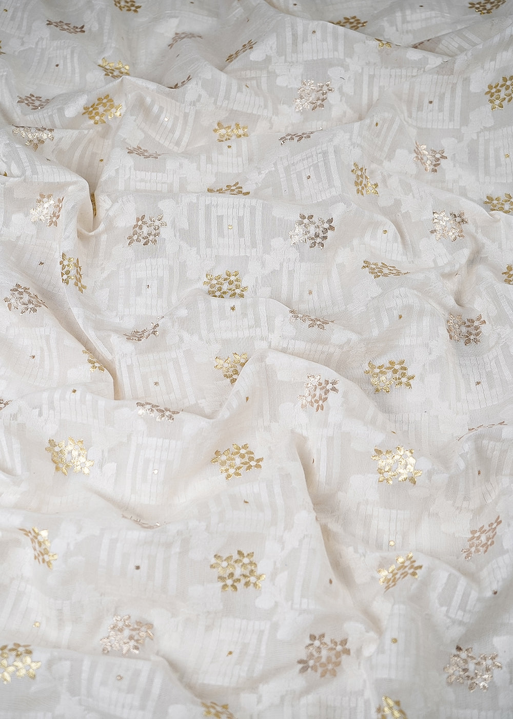 White Dyeable Chanderi Fabric With All Over Self Work And Zari Handloom 26467