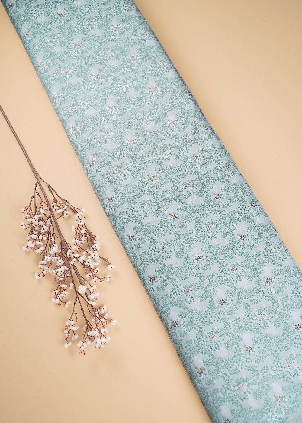 White Cotton Silk Fabric With All Over Mint Green Thread And Zari Handloom 26486