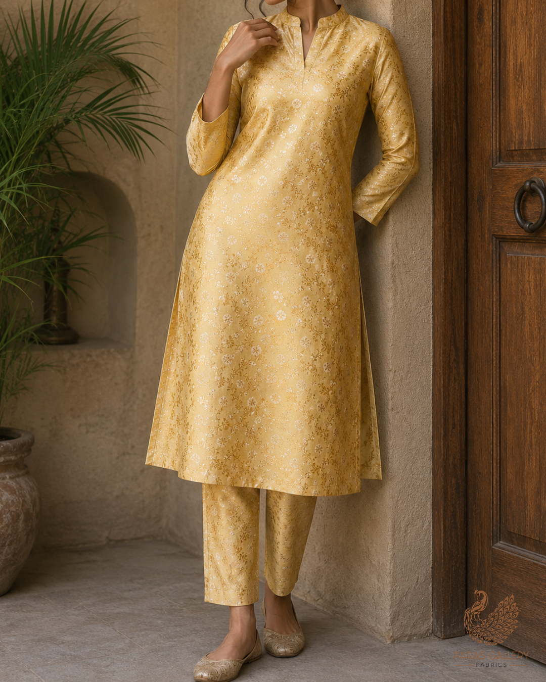 Golden Banarasi Brocade Fabric With All Over Thread And Zari Handloom 26492