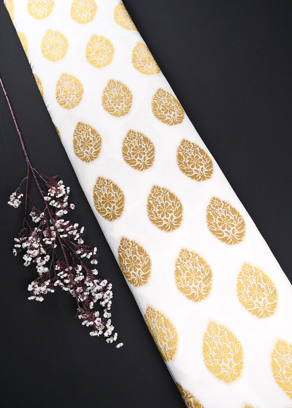 White Dyeable Pure Georgette Fabric With All Over Golden Zari Handloom 26496