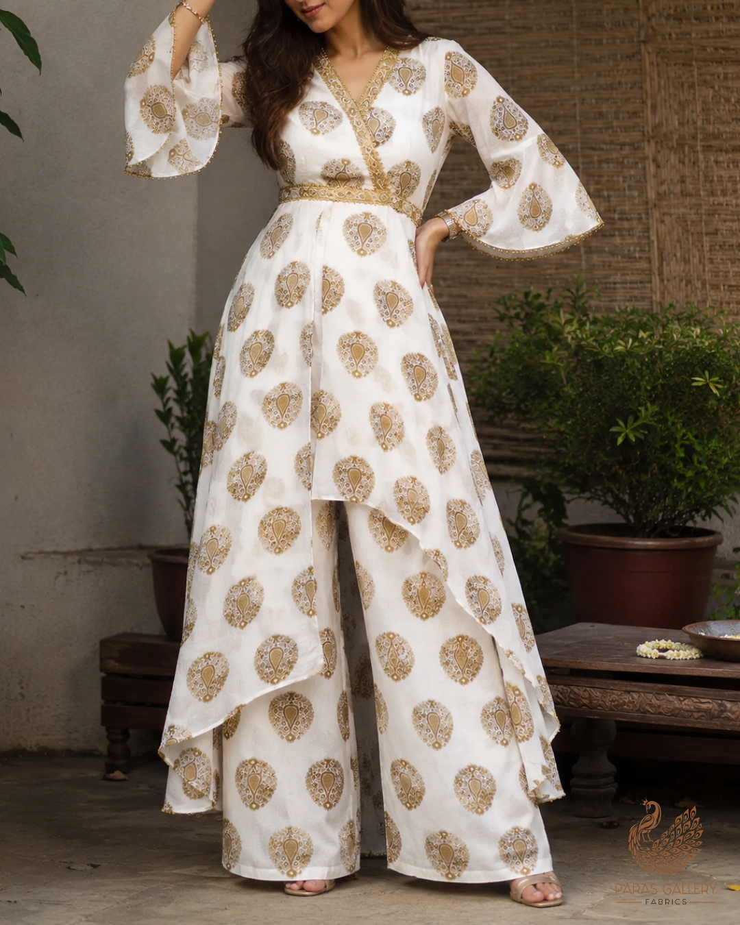 White Dyeable Pure Georgette Fabric With All Over Golden Zari Handloom 26497