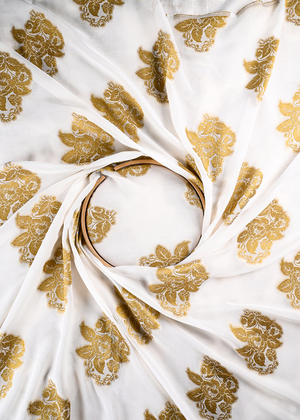 White Dyeable Pure Georgette Fabric With All Over Golden Zari Handloom 26498