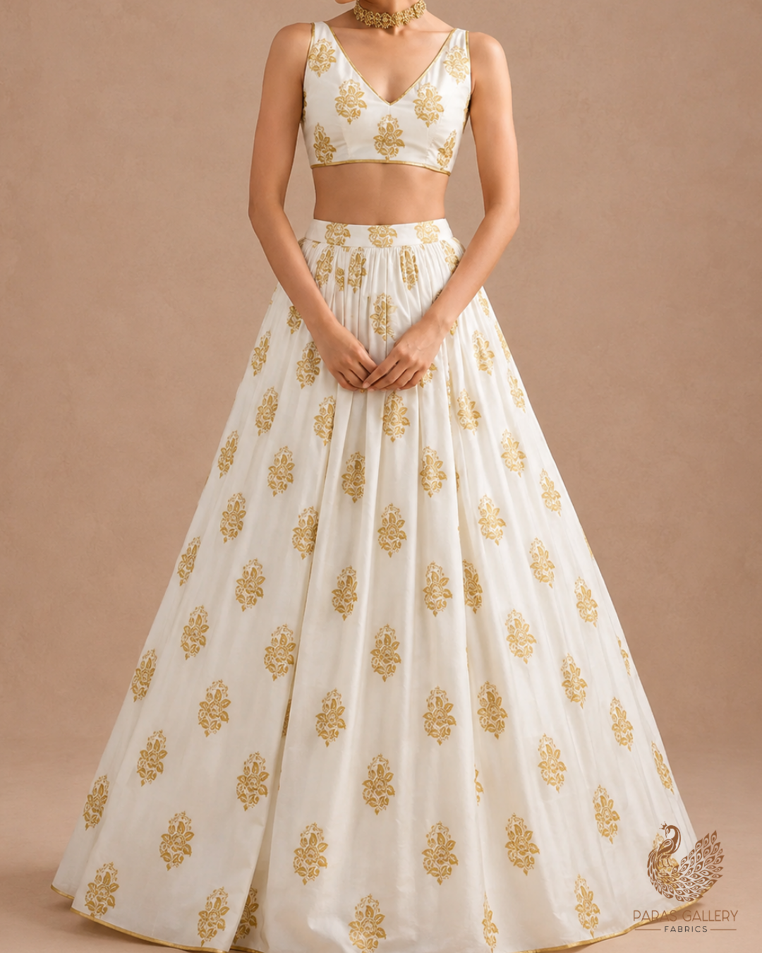 White Dyeable Pure Georgette Fabric With All Over Golden Zari Handloom 26498