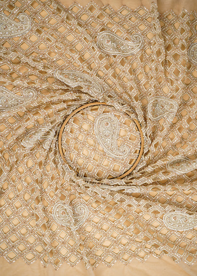 (Pre Cut 2.1 MTR) Golden Net Fabric With All Over Sequins, Katdana And Cutwork 26499