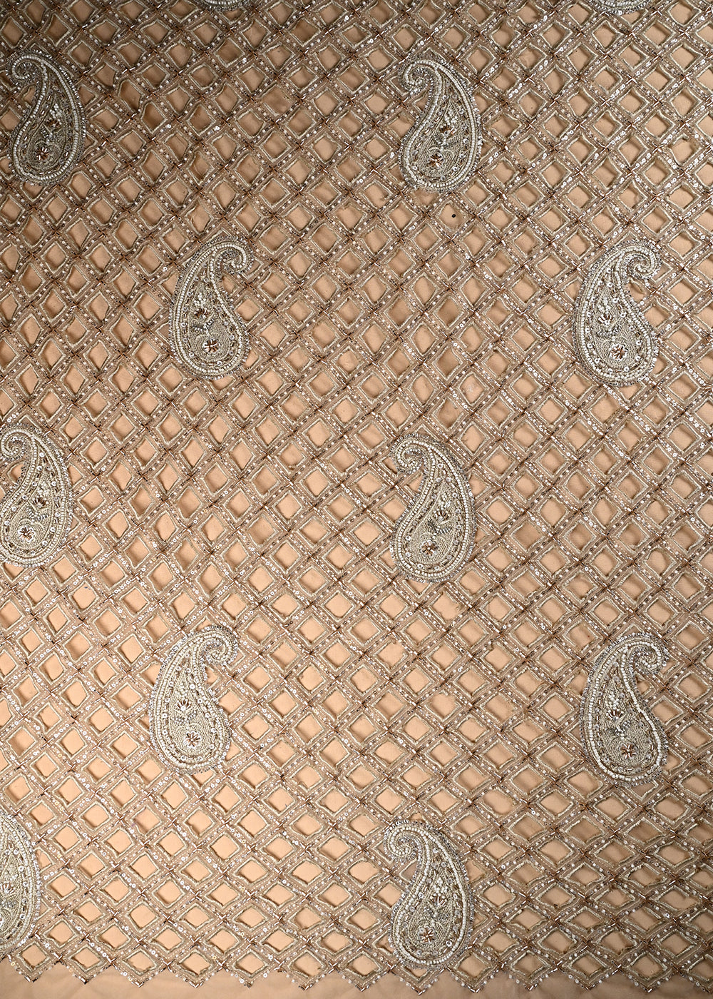(Pre Cut 2.1 MTR) Golden Net Fabric With All Over Sequins, Katdana And Cutwork 26499