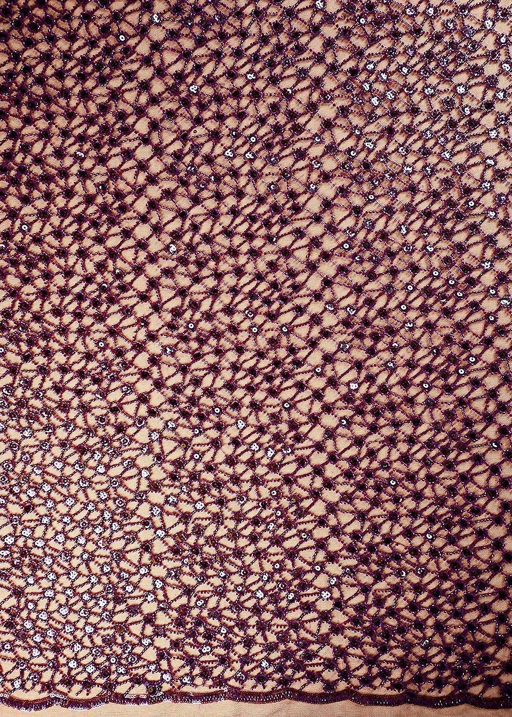 (Pre Cut 1.6 MTR) Wine Net Fabric With All Over Sequins And Katdana Work 26501